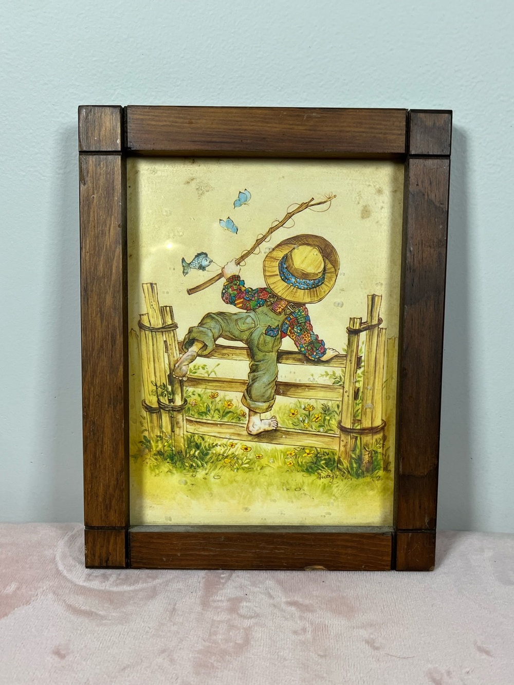 VintageWood Frame Wall Art - Boy with Fishing Pole Illustration in Brown and Yel